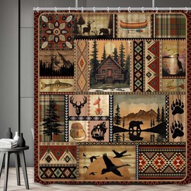 NYMB Cabin Shower Curtain, Rustic Cabin Lodge Fabric Bath Curtain, Bear Moose Farmhouse Lodge Wooden Board Cloth Shower Curtains Wild Animal Hunting Bathroom Accessories with Hooks, Tan Brown, 72X72in