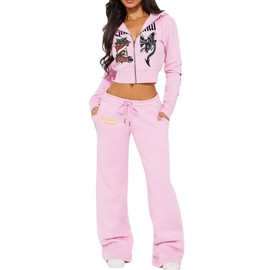 Glitrandi Womens 2 Piece Outfits Fashion Print Cropped Hoodies Jacket Sweatpants With Pockets Tracksuit For Women