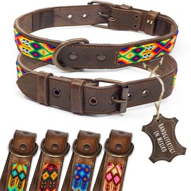 ALTEZAR Dog Collar Made of Cowhide Leather - Double Tribal Embroidered Colour Rush Brown - High Quality Workmanship Colourful - Handmade in Mexico - Size L