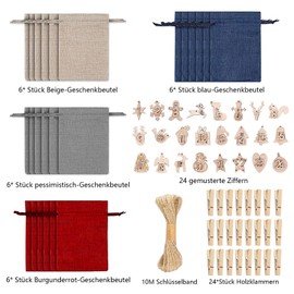 Advent Calendar Bags for Filling Fabric, Advent Calendar Christmas Calendar Fill Yourself DIY Christmas Decoration Jute Bags / Bag for Children Women Men (with Numbers Wooden Pendant)