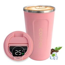 Termos para Café Acero Inoxidable, 510ml/18oz Termo cafe, Temperatura Inteligente Botellas Pantalla para Conservación del Calor y el Frío, Ideal para Oficina, Automóvil y Exterior (Rosa)