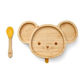 Tiggi Bamboo Baby Suction Plate - Complete Weaning Set | Strong Suction, BPA-Free | Bamboo Plates Baby | Ideal Baby Suction Plate for Easy Feeding (Mouse, Yellow)
