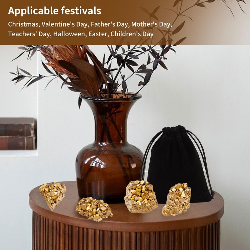 4 Pieces Irregular Crystals and 1 Storage Bag, Golden Crystals,