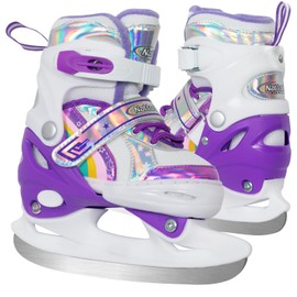 Nattork Adjustable Ice Skates for Girls Kids, Rainbow Beginner Ice Hockey Skates for Outdoor and Rink, 4 Sizes Adjustable Skates, Soft and Comfortable Lining Ice Skating Shoes Ages 3-12