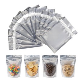 Slomg 100 Pack Plastic Stand Up Pouch Bags, 6.7 x 9.84 In Ziplock Sealable Mylar Bags with Clear Front Window Aluminum Foil Back, Reusable Smell Proof Edible Food Storage Bag for Packaging Party Favor