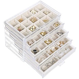 misaya Earring Jewelry Organizer with 5 Drawers, Birthday and Valentine's Day Gift, Clear Acrylic Jewelry Box for Women, Velvet Earring Display Holder for Earrings Ring Bracelet Necklace, Cream