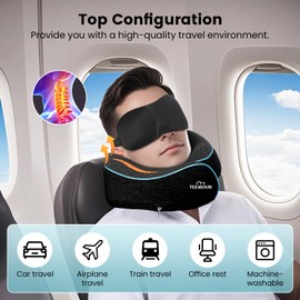 Upgraded Neck Pillow for Airplane Travel - 360° Support Stops Head Bobbing, Memory Foam Travel Pillow With Eye Mask & Earplugs, Portable Carry Bag for Long Flights/Car| Best Airplane Accessories Black