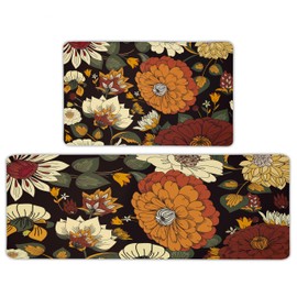 Tyrot Black Boho Floral Kitchen Rugs Sets of 2 Anti Fatigue Cushioned Kitchen Mats for Floor Farmhouse Kitchen Rugs Non Slip Waterproof Mid Century Botanical Comfort Standing Mat for Sink Laundry