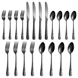 Floral 20 Pcs Black Silverware Set for 4, Food Grade Stainless Steel Flatware Set with Rose Flower Embossed Design, Eating Utensils Sets Include Fork/Knife/Spoon, Reusable Cutlery Set, Dishwasher Safe