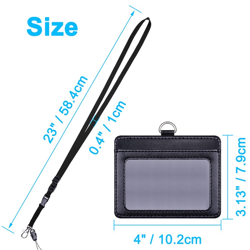 Wisdompro Horizontal ID Card Holder, PU Leather, Double-Sided, Adjustable, Neck