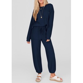 KIRUNDO Lounge Sets for Women 2025 Fall Travel Airport Outfits Ribbed Knit Tops Jogger Pants Tracksuit Postpartum Comfy Set(Dark Blue, X-Large)