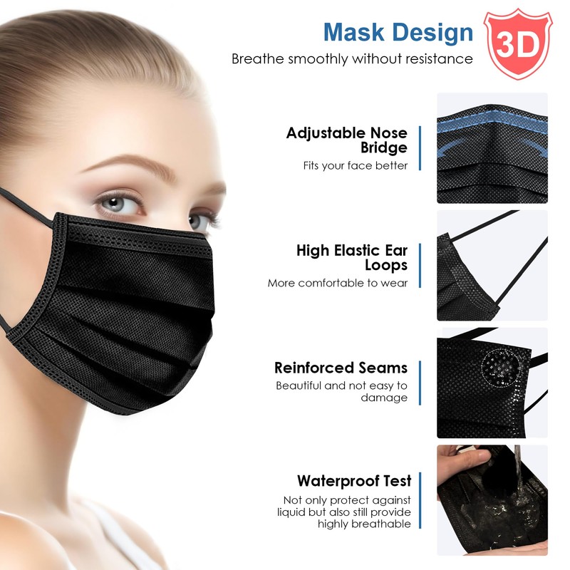 1000 pcs Black Disposable Masks, 3 Ply Breathable Face Masks