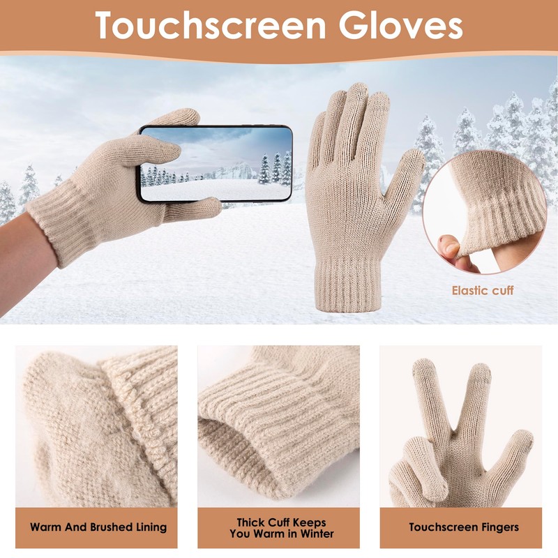 Women Winter Knit Warm Hat Beanie Scarf Gloves Set Pom