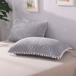 LIFEREVO 2 Pack Diamond Quilted Crystal Velvet Mink Pillowcases Pompoms Fringe Decorative Throw Pillow Shams Zipper Closure Lumbar Cushion Cover for Bedroom Sofa Couch (Gray, Standard/Queen)