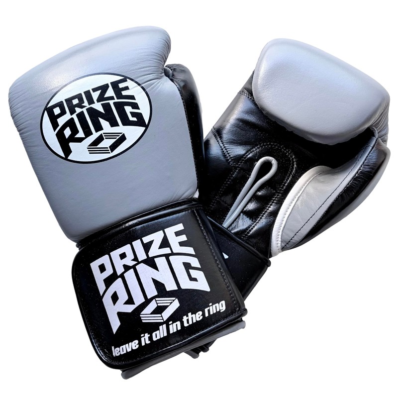 PRIZE RING "Professional 5.0" Genuine Leather Boxing Gloves Gray/Black (10oz)