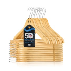 SereneLife Solid Wooden Hangers, Mega Pack, 50 Pieces Hangers for Clothes, Heavy Duty Suit Hanger Set with Chrome 360 Degree Swivel Hook, Notched Design, Natural Wood Color