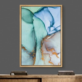 Color-Banner Framed Canvas Print Wall Art Green, Orange & Blue Watercolor Explosion Abstract Shapes Illustrations Modern Art Chic Multicolor for Living Room, Bedroom, Office - 24"x36" Natural