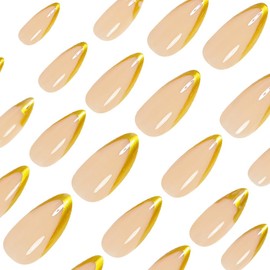 Medium Almond Press on Nails Skin Tone False Nails with 5D Gold Texture Design Irregular Lines Fake Nails French Tip Glue on Nails Glossy Acrylic Stick on Nails for Women Girls Manicure 24Pcs