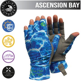 Glacier Glove Ascension Bay 50+ Sun Protection Durable Lightweight Breathable Quick-Dry Fingerless Outdoor Fishing Sun Glove, Blue Camo, Medium