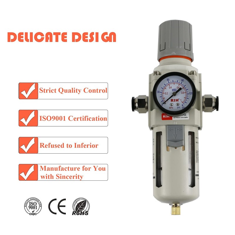 RIH Pneumatics 1/2"NPT Air Filter Pressure Regulator Combo Piggyback, 5