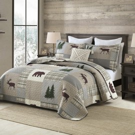 Y-PLWOMEN 100% Cotton Cozy Cabin Lightweight 3-Pieces Quilt Set (Brown/Gray/Dark Green, Queen)