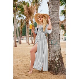 IN'VOLAND - Traje de baño de talla grande para mujer, cuello en V profundo, traje de baño, traje de baño, cubierta de bikini, vestido largo de kaftán, Raya, 20 Plus