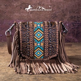Montana West Western Small Purses for Women Crossbody Bag Fringe Purse Leather Women's Shoulder Handbags Tooled Aztec
