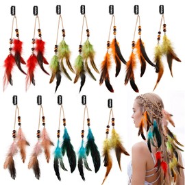 12Pcs Feather Hair Clips Hippie Hair Extensions, Mix Colors Boho Indian Tassel Feathers Beads Handmade Clip in Hair Extensions Festival Headwear for Music Festival Rave Cosplay Carnival Party