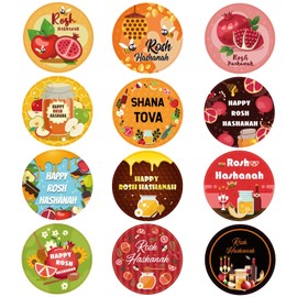 Qpout 17 Sheets Rosh Hashanah Stickers Colorful Decorative Shana Tova Round Circle Stickers for Jewish New Year Party Favor Supplies Candy Gift Bags Crafts Envelopes Rewards, 204 Counts