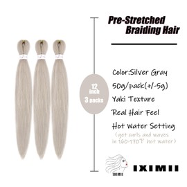 IXIMII Silver Gray Pre Stretched Braiding Hair 12 inch 3 packs Prestretched Braids Hair Grey Soft Straight Crochet Braids Yaki Texture Synthetic Hair Extensions