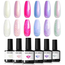 modelones modelones Pearl Gel Nail Polish Set, 6 Colors Ocean Shimmer White Hot Pink Purple Blue Green Mermaid Glitter Gel Polish Soak Off Nail Drawing Nail Gel Polish Swirl Shell Thread Effect DIY Gift