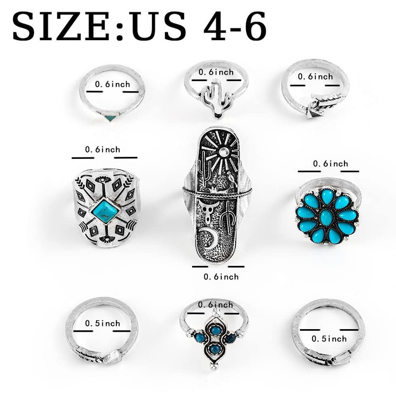 ELABEST Boho Western Ring Set Turquoise Cactus Arrow Joint Knuckle