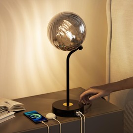 HYMELA M14-2 Glass Globe Table Lamps for Living Room, Bedside Touch Lamps for Bedrooms Nightstand with USB A+C Charging Ports & AC Outlet, 3-Way Dimmable Desk Lamps for Home Office (Bulb Include)