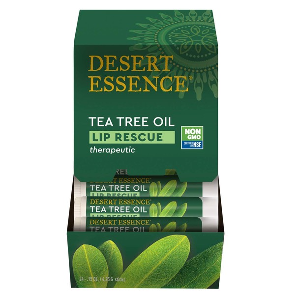 Desert Essence Theraputic Tea Tree Oil Lip Rescue 0.35 oz., Pack of 4, Gluten Free, Vegan, Cruelty Free, Tea Tree Oil, Aloe & Vitamin E, Relieves Dry Cracked Lips while Cooling