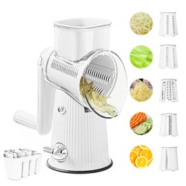 Le D Affaires 5 in 1 Cheese Grater with Blade Storage Box, Rotary Hand Crank Food Chopper with 5 Group Stainless Blades, Manual Food Grater for Cutting Fruits & Vegetable, Kitchen Essentials (White)