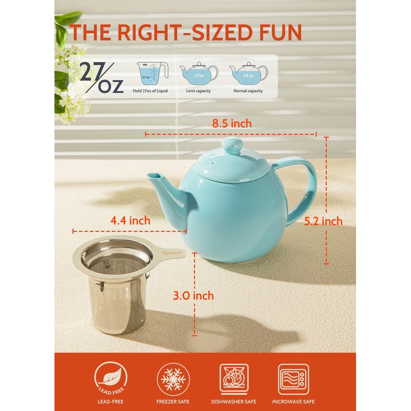 Sweese Teapot, Porcelain Tea Pot with Stainless Steel Infuser, Blooming