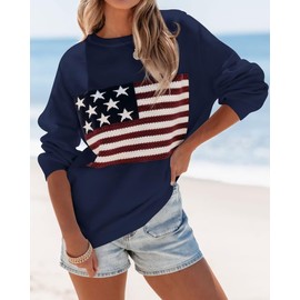 BONITEE Women Dressy Long Sleeve Knit Soft Sweaters Casual Loose Fit American Flag Clothes Fashion Elegant Soft Comfy Pullover Navy Blue 2XL