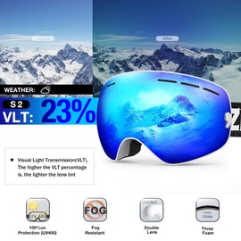 ZIONOR XMINI Kids Ski Snowboard Snow Goggles Detachable Lens UV Protection Anti-fog for Child Boys Girls Youth (VLT 23% White Frame Grey Revo Blue Lens)