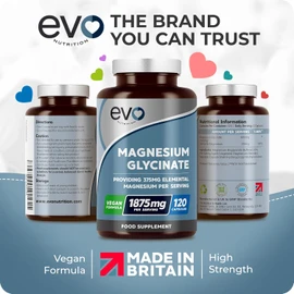 Magnesium Glycinate Supplement - 120 Vegan Capsules | 1875mg Per Serving & 375mg Elemental Magnesium | 100% Daily NRV | High Strength for Maximum Bioavailability | Made in UK by EVO Nutrition