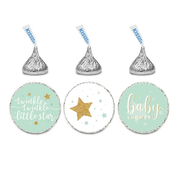 Andaz Press Chocolate Drop Labels Trio, Baby Shower, Twinkle Twinkle Little Star, Mint Green, 216-Pack, Fits Kisses Party Favors, Decor, Decorations