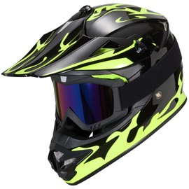 Youth Kids Dirt Bike Helmet for Boys & Girls,F001 Full Face Motorcycle Helmet for Off-Road ATV Street Riding Four Wheeler Mountain Bike with Goggles Gloves,DOT Approved(Yellow Flame,L)