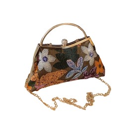 OYOANGLE Women's Floral Embroidery Clutch Purse Vintage Top Handle Handbag Kiss Lock Evening Bags Brown One Size