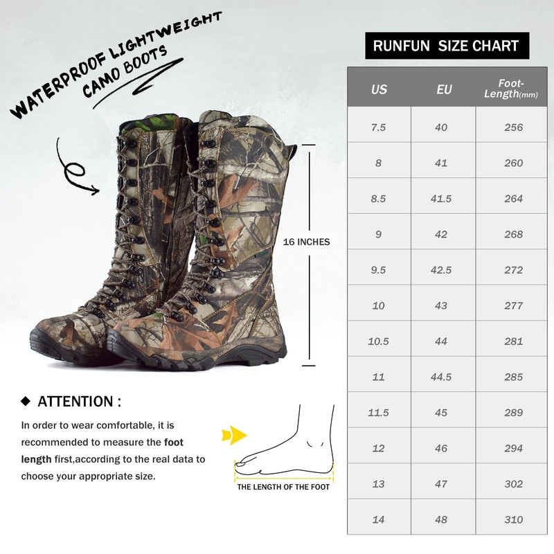 R RUNFUN Men's 16" Snakeproof Hunting Boots Waterproof Side-Zip Mud