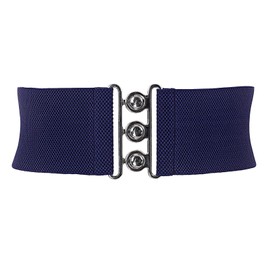 Trimming Shop Women's Elastic Corset Type Belt with Three Silver Hook Closure Buckle - 3 Inches (7.62 cm) - Navy Blue, S - 26 - 30 Inches