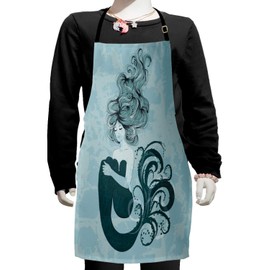 Ambesonne Mermaid Apron, Sleeping Girl Design Wavy Hair Hand Drawn Effect Grungy Backdrop, Small Apron Bib with Adjustable Ties for Baking Painting, Small Size, Pale Blue Dark Teal