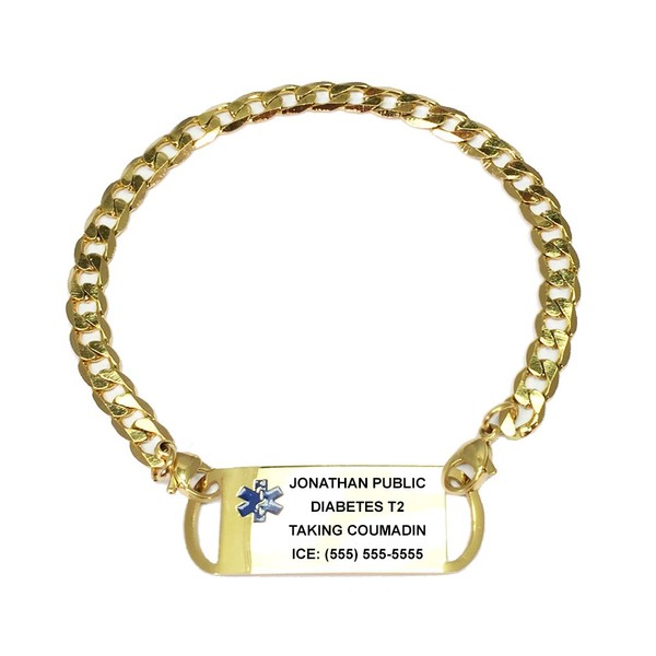 Curb Link Gold Plated Medical Bracelets for Women. Incl. 10 Lines Custom Engraving. Choose Your Size!