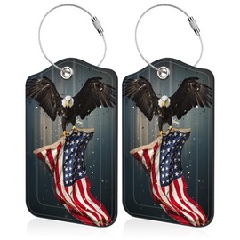 2 PCS Luggage Tags for Suitcase Eagle Flying with American Flag Leather Suitcases Tag with Stainless Steel Loop and Name ID Address Label Privacy Cover for Women Men Travel Luggage Accessories
