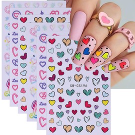 Heart Nail Art Stickers Decals Valentine's Day Nail Decals 6PCS 3D Self-Adhesive Love Nail Stickers for Nail Art Colorful Love Stickers for Nails Art Supplies Accessories Cute Nail Stickers for Women