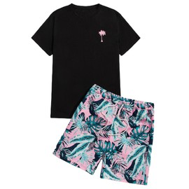 Floerns Men's Graphic Print T Shirt Drawstring Waist Shorts Set 2 Piece Outfit Black Leaf Tropical XXL