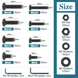 HSEAMALL 840pcs Hexagon Bolt and Nut Assortment Kit with Screws, Washers and Hex Keys,M3 M4 10.9 Grade Alloy Steel Countersunk Hex Socket Screw